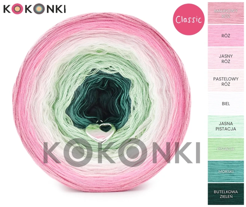 KOKONEK_Classic 9K 01 GOTOWY - Malinowy róż/róż/jasny róż/pastelowy róż/biel/jasna pistacja/pistacja/morski/butelkowa zieleń / 3 nitki / 1400 m / 280 g