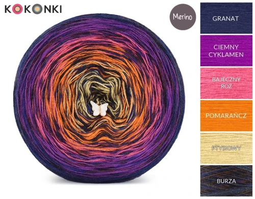 KOKONEK Rare Merino R121 - Granat/ciemny cyklamen/bajeczny róż/pomarańcz/ptysiowy + tęcza burza