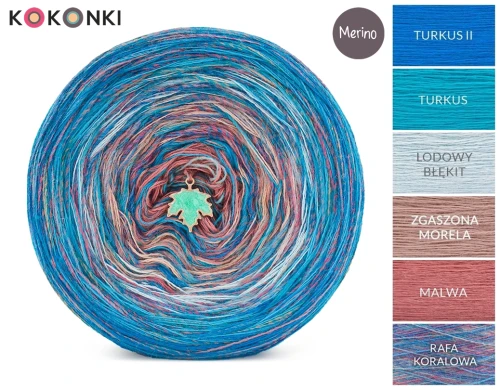 KOKONEK Rare Merino R123 - Turkus II/turkus/lodowy błękit/zgaszona morela/malwa + tęcza rafa koralowa