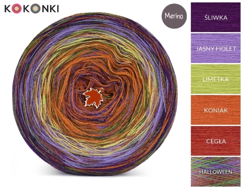 KOKONEK Rare Merino R125 - Śliwka/jasny fiolet/limetka/koniak/cegła + tęcza halloween