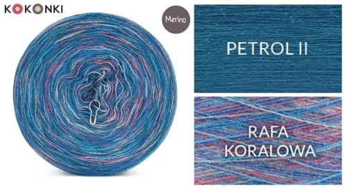 KOKONEK Rare Merino R124 - Petrol II + tęcza rafa koralowa