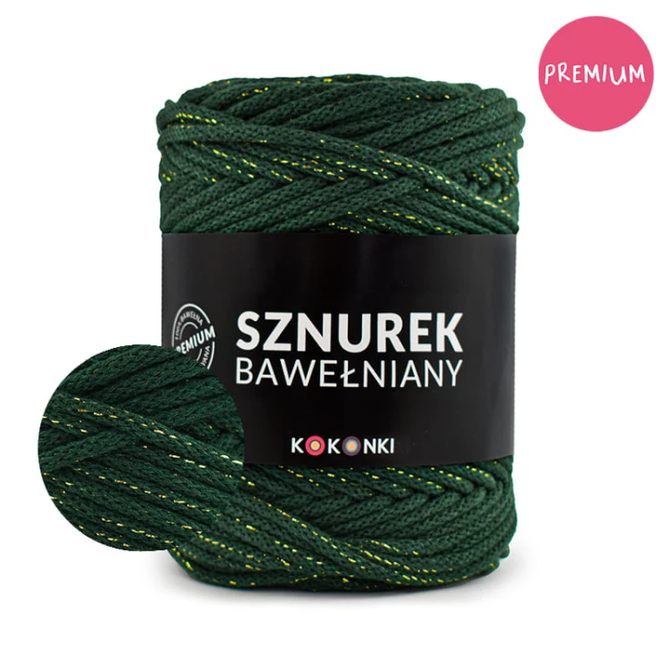 PREMIUM sznurek bawełniany by KOKONKI 5mm / rolka 100m / butelkowa zieleń + złoty LUREX (wiązany)
