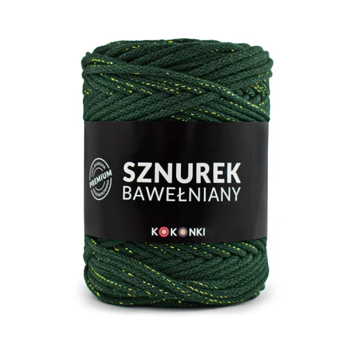 PREMIUM sznurek bawełniany by KOKONKI 5mm / rolka 100m / butelkowa zieleń + złoty LUREX (wiązany)