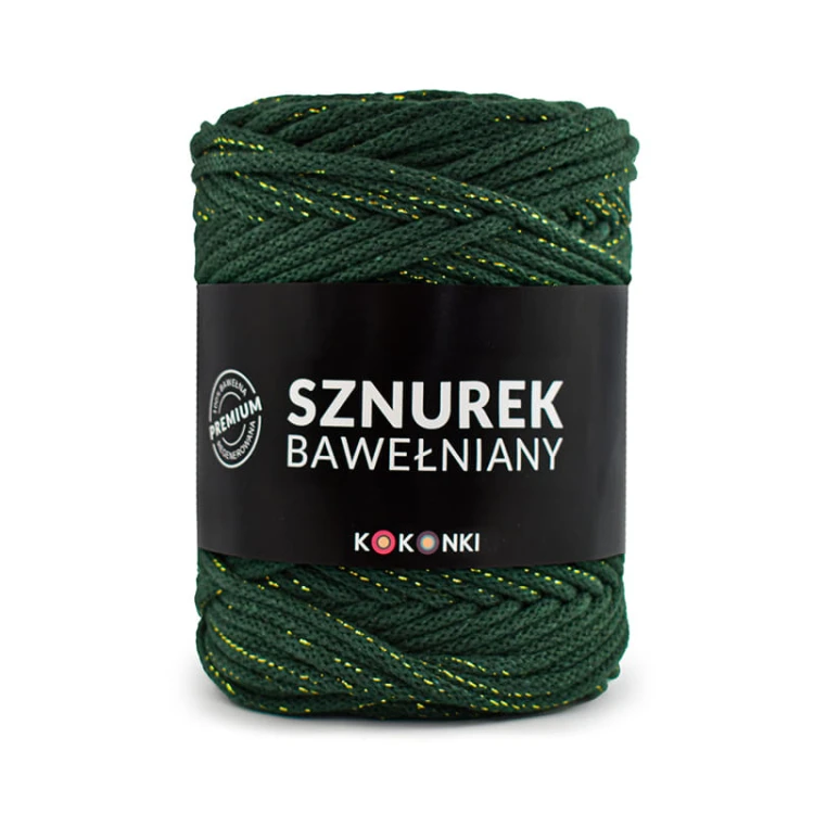 PREMIUM sznurek bawełniany by KOKONKI 5mm / rolka 100m / butelkowa zieleń + złoty LUREX (wiązany)