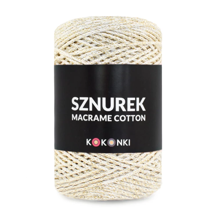 Sznurek Macrame Cotton Shine by KOKONKI 2mm / rolka 200m / krem + złoty LUREX (wiązany)