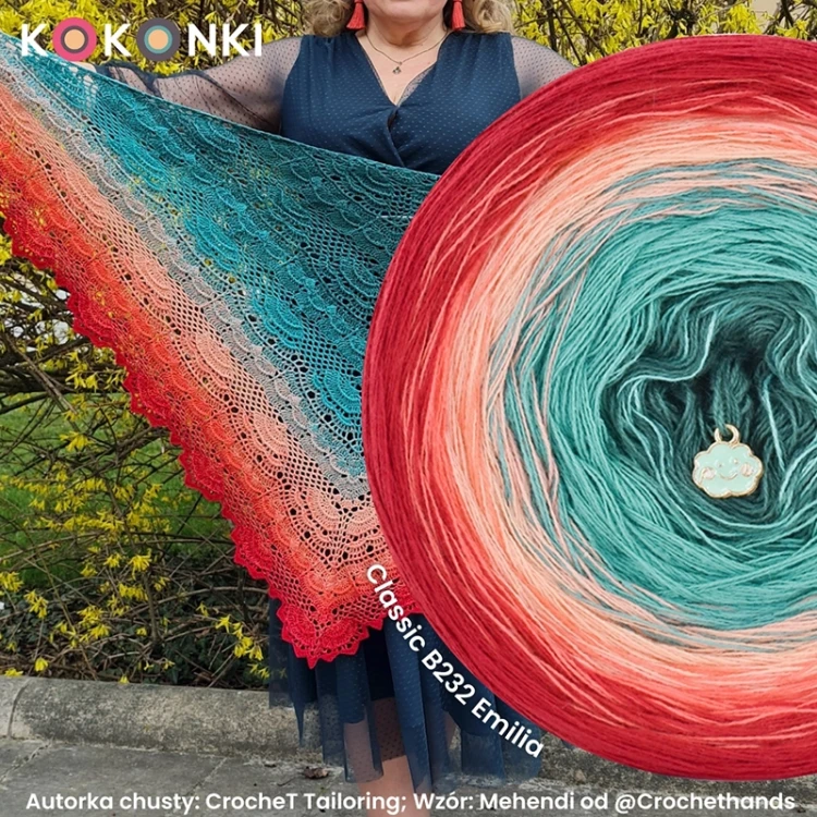 Autorka chusty: CrocheT Tailoring; Wzór: Mehendi od Crochethands; Szydełko: 3 mm; Wymiary przed blokowaniem:
75x164 cm; Wymiary po blokowaniu: 78x185 cm