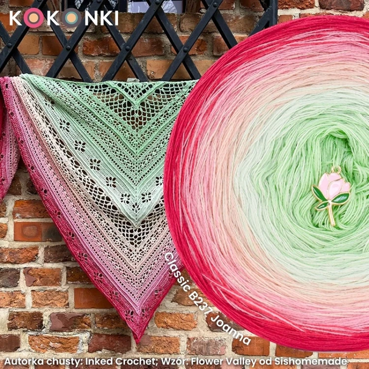 Autorka chusty: Inked Crochet; Wzór: Flower Valley od Sishomemade; Szydełko: 4 mm; Wymiary: 185x90 cm