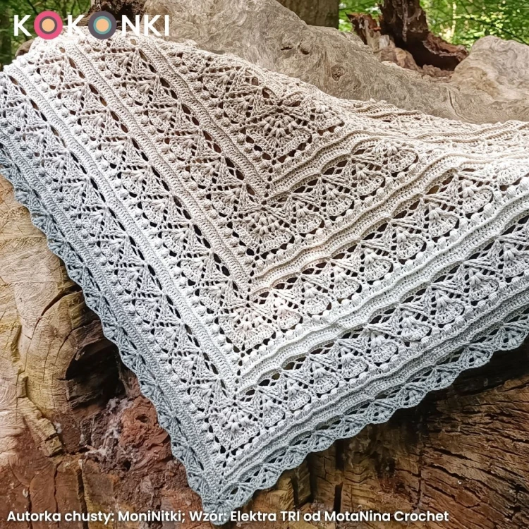 Autorka chusty: MoniNitki; Wzór: Elektra TRI od MotaNina Crochet; Szydełko: 3,25 mm; Wymiary: 170cm/70 cm