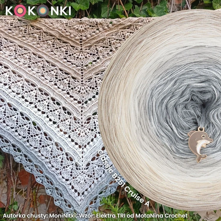 Autorka chusty: MoniNitki; Wzór: Elektra TRI od MotaNina Crochet; Szydełko: 3,25 mm; Wymiary: 170cm/70 cm