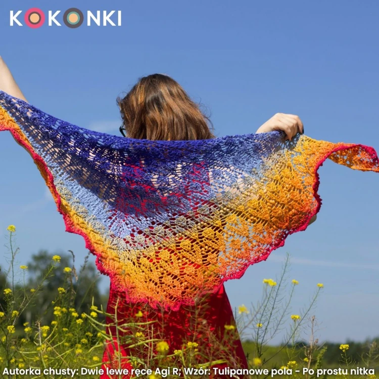 Autorka chusty: Dwie lewe ręce Agi R; Wzór: Tulipanowe pola - Po prostu nitka; Szydełko: 2,75 mm; Wymiary: 200cm/85 cm
