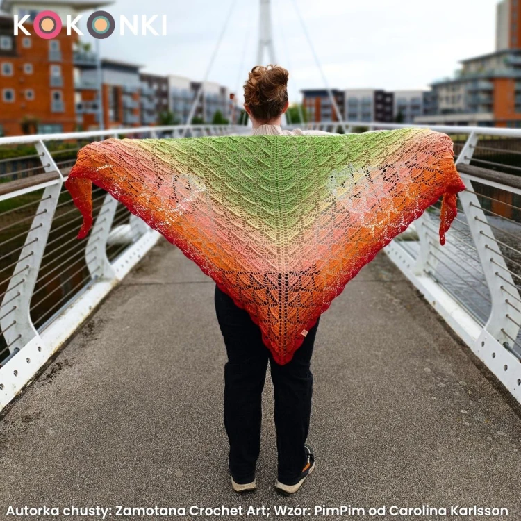 Autorka chusty: Zamotana Crochet Art; Wzór: PimPim od Carolina Karlsson; Szydełko: 3,25 mm; Szerokość: 200 cm