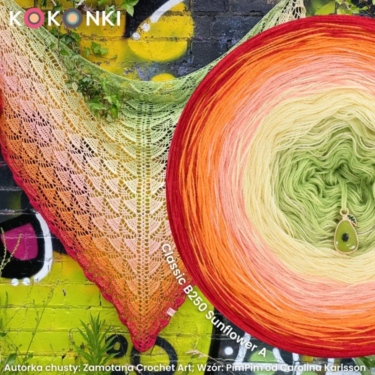 Autorka chusty: Zamotana Crochet Art; Wzór: PimPim od Carolina Karlsson; Szydełko: 3,25 mm; Szerokość: 200 cm