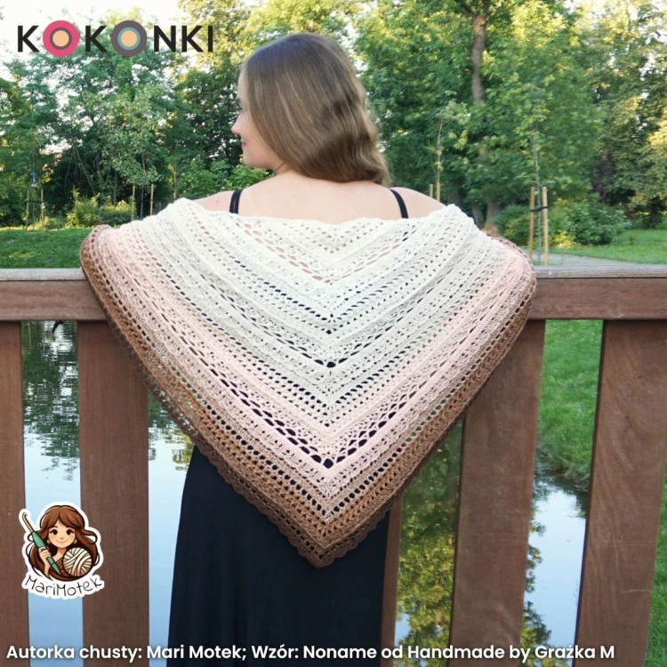 Autorka chusty: Mari Motek; Wzór: Noname od Handmade by Grażka M; Szydełko: 3,5 mm; Wymiary: 210cm/88 cm
