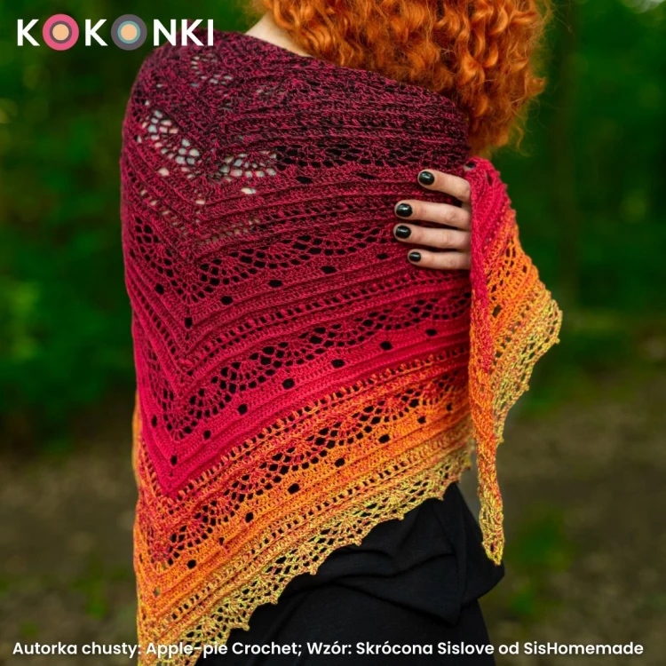 Autorka chusty: Apple-pie Crochet; Wzór: Skrócona Sislove od SisHomemade; Szydełko: 3 mm; Wymiary: 213cm/66 cm