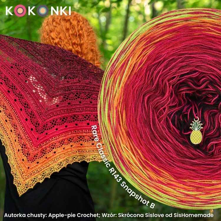 Autorka chusty: Apple-pie Crochet; Wzór: Skrócona Sislove od SisHomemade; Szydełko: 3 mm; Wymiary: 213cm/66 cm
