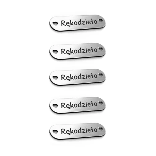 Zestaw metek metalizowanych "Rękodzieło" / srebro / 35 x 10 mm / 5 szt.