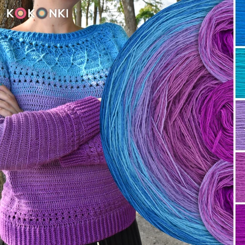Zestaw na sweter Charlotte od Kotek i motek 04 / Merino / Turkus II/turkus/jasny fiolet/cyklamen/ciemny cyklamen