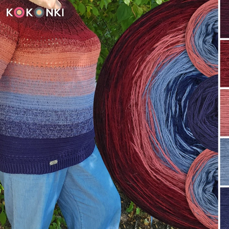 Zestaw na sweter Charlotte od Kotek i motek 12 / Merino / Wino melanż/ bordo/ malwa/szaroniebieski/granat
