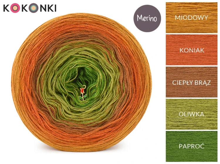 Zestaw na sweter Charlotte od Kotek i motek 01B / Kokonki Merino / Miodowy/koniak/ciepły brąz/oliwka/paproć