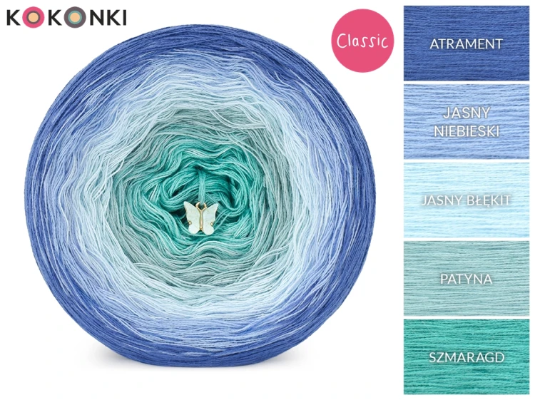Zestaw na sweter Charlotte od Kotek i motek 05C / Kokonki Classic / Atrament/jasny niebieski/jasny błękit/patyna/szmaragd