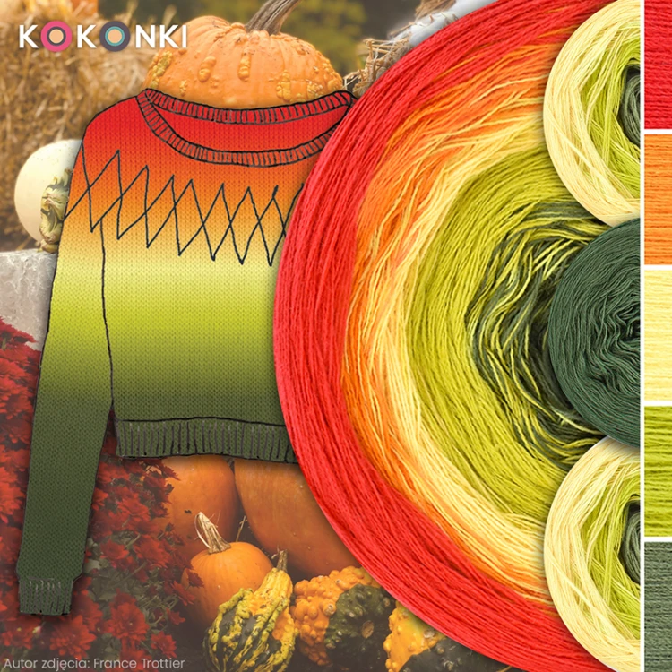 Zestaw na sweter Charlotte od Kotek i motek 10C / Kokonki Classic / Ognista czerwień/pomarańcz/żółty/limetka/wojskowa zieleń
