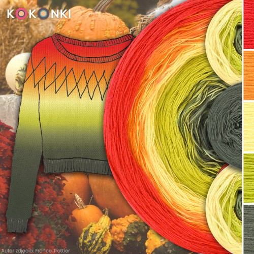 Zestaw na sweter Charlotte od Kotek i motek 10C / wersja 2 / Kokonki Classic / Ognista czerwień/pomarańcz/żółty/limetka/khaki