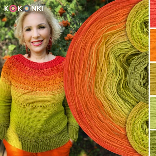 Zestaw na sweter Charlotte od Kotek i motek 10 / Kokonki Merino / Jarzębina/pomarańcza/złoty/limetka/oliwka