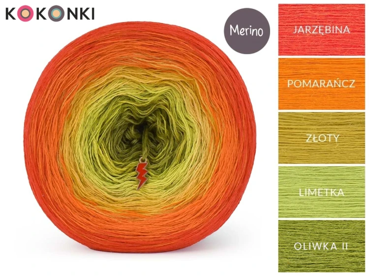 KOKONEK Merino 812 Kotek i motek 10 - Jarzębina/pomarańcza/złoty/limetka/oliwka II