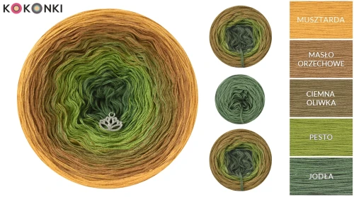 Zestaw na sweter Charlotte od Kotek i motek 01N / Kokonki Nature / Musztarda/masło orzechowe/ciemna oliwka/pesto/jodła + wzór PDF