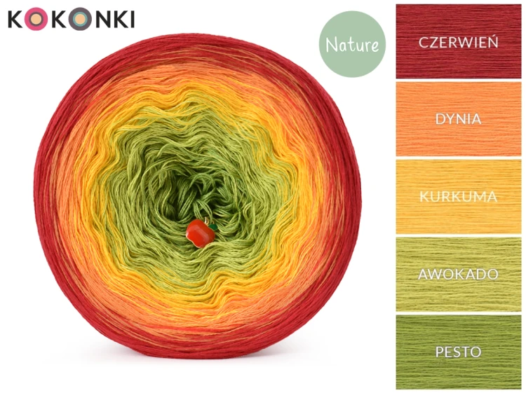 Zestaw na sweter Charlotte od Kotek i motek 10N / Kokonki Nature / Czerwień/dynia/kurkuma/awokado/pesto + wzór PDF