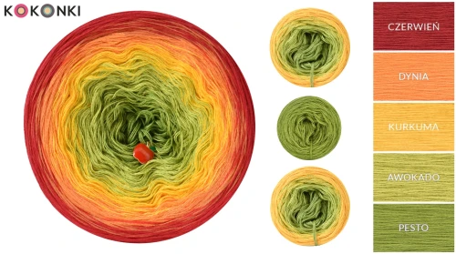 Zestaw na sweter Charlotte od Kotek i motek 10N / Kokonki Nature / Czerwień/dynia/kurkuma/awokado/pesto + wzór PDF