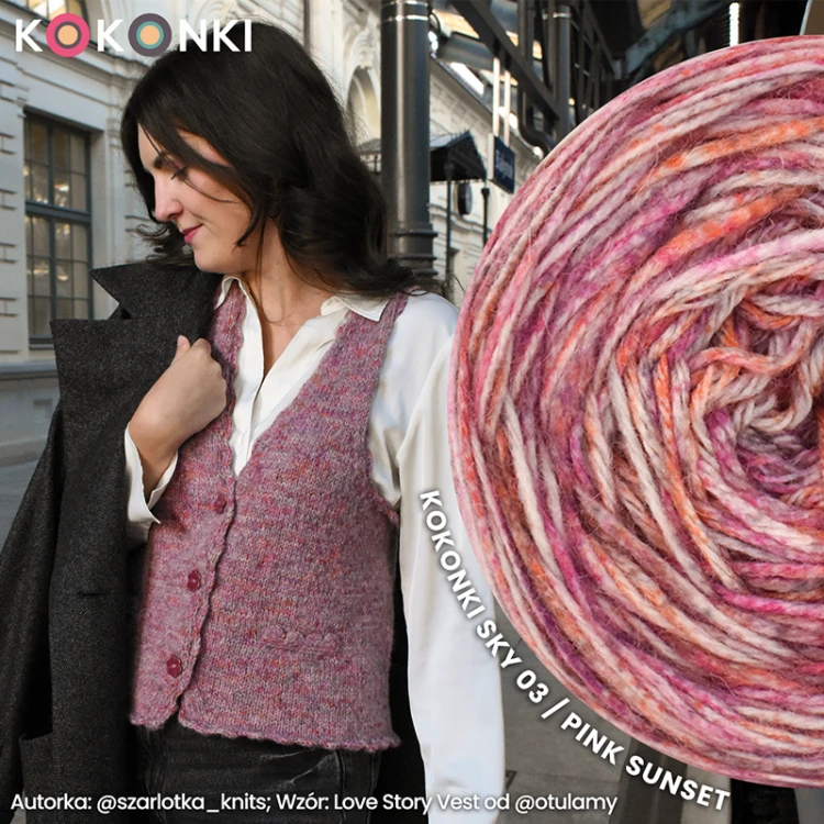 Autorka: @szarlotka_knits; Wzór: Love Story Vest od @otulamy; Kokonek Sky + Gabo Wool Baby Silk Yak brudny róż; druty 5mm