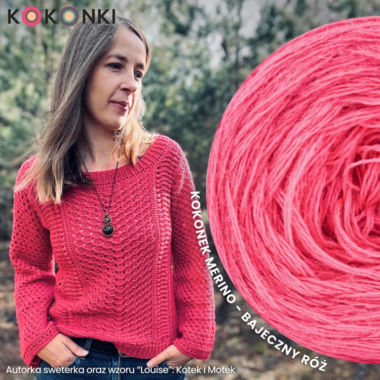 Autorka sweterka oraz wzoru “Louise”: Kotek i Motek; Kokonek Merino bajeczny róż, 3 nitki,  1550 m