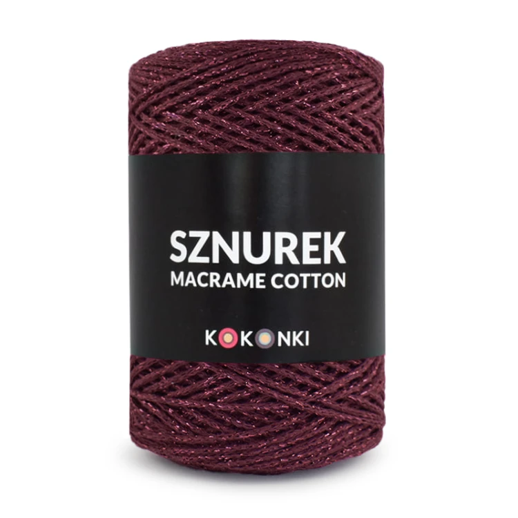 Sznurek Macrame Cotton Shine by KOKONKI 2mm / rolka 200m / wino + magenta LUREX (wiązany)