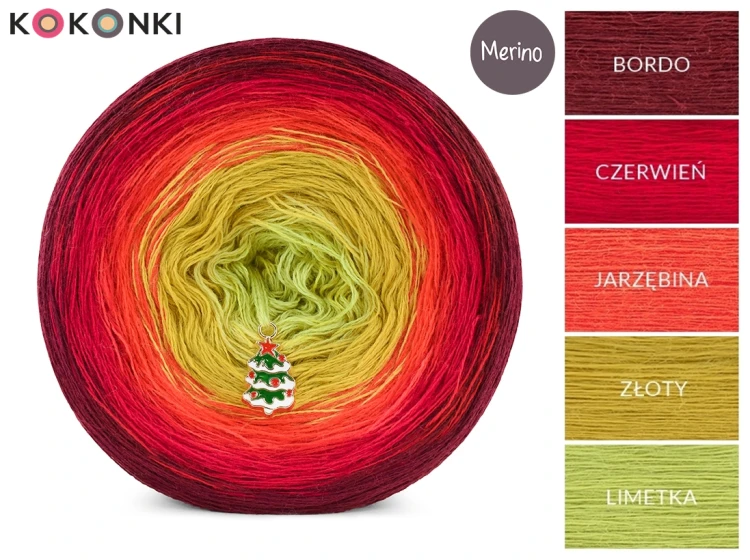 KOKONEK Merino 829 Let's decorate - Bordo/czerwień/jarzębina/złoty/limetka