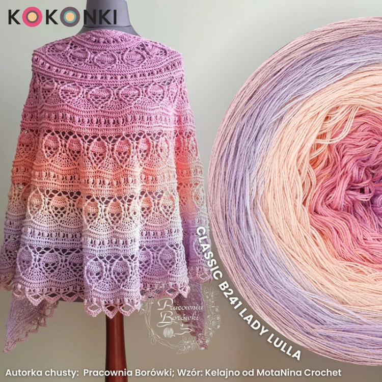 Autorka chusty:  Pracownia Borówki; Wzór: Kelajno od MotaNina Crochet