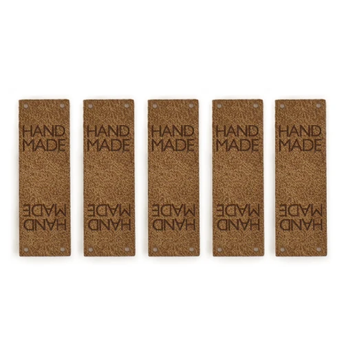 Zestaw metek skóra naturalna premium "HAND MADE" / brąz / 60 x 20 mm / 5 szt.