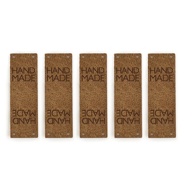 Zestaw metek skóra naturalna premium "HAND MADE" / brąz / 60 x 20 mm / 5 szt.