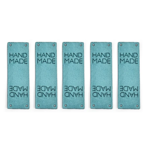Zestaw metek nubuk premium "HAND MADE" / turkus / 60 x 20 mm / 5 szt.