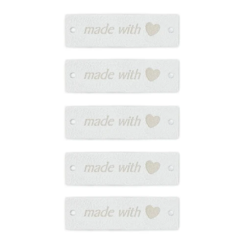 Zestaw metek nubuk premium "Made with ♥" / biel / 15 x 50 mm / 5 szt.