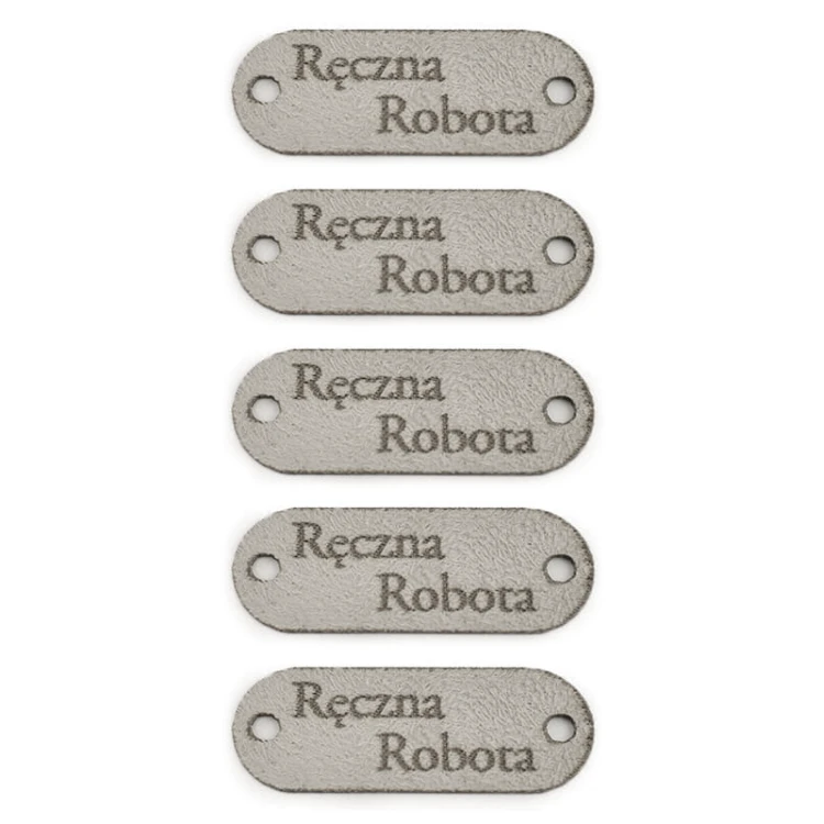 Zestaw metek nubuk premium "Ręczna robota" / szary / 15 x 40 mm / 5 szt.
