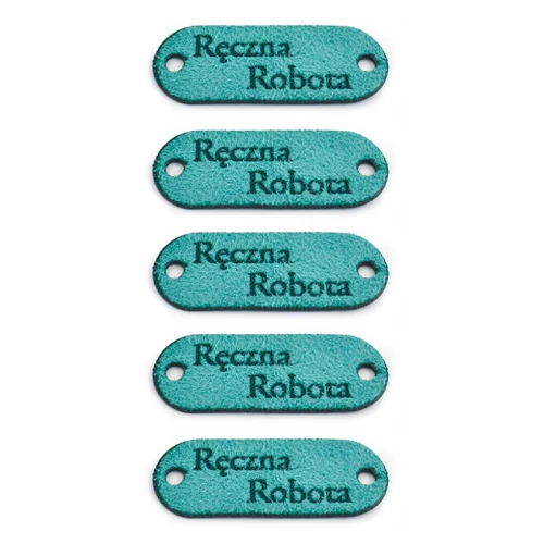 Zestaw metek nubuk premium "Ręczna robota" / turkus / 15 x 40 mm / 5 szt.