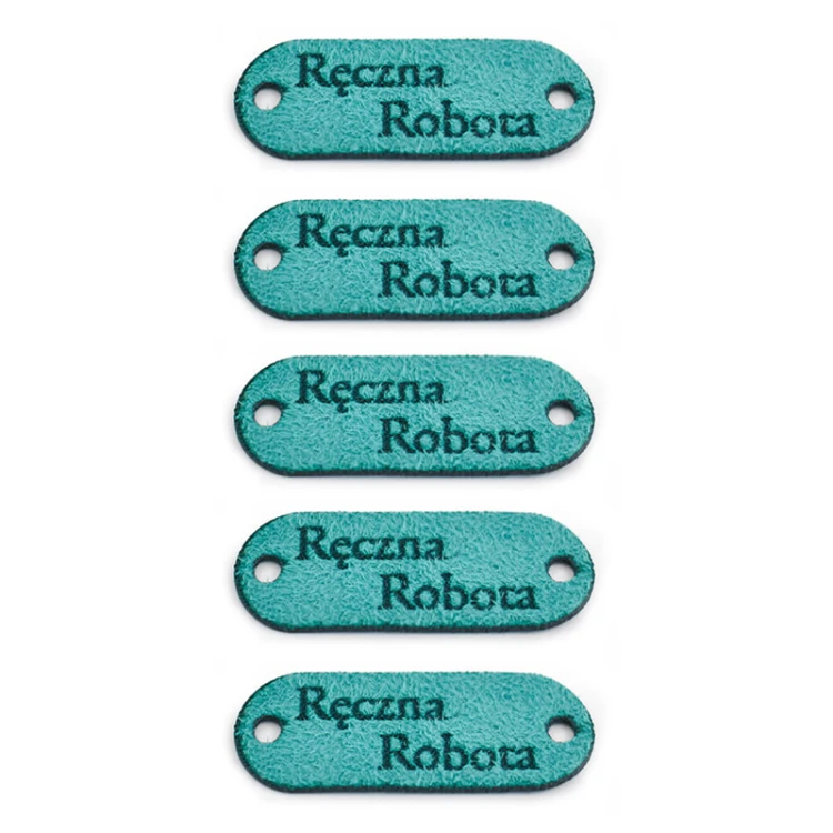 Zestaw metek nubuk premium "Ręczna robota" / turkus / 15 x 40 mm / 5 szt.