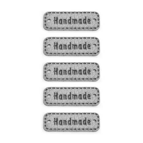 Zestaw metek ekoskóra metalizowana "Handmade" / srebro / 11 x 30 mm / 5 szt.
