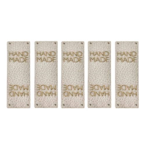 Zestaw metek ekoskóra metalizowana "HAND MADE" / beż / 60 x 20 mm / 5 szt.