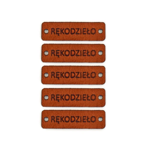 Zestaw metek nubuk premium "RĘKODZIEŁO" / rdza / 12 x 40 mm / 5 szt.