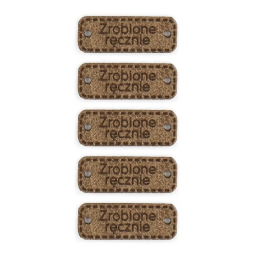 Zestaw metek skóra naturalna premium "Zrobione ręcznie" / chłodny brąz / 30 x 11 mm / 5 szt.