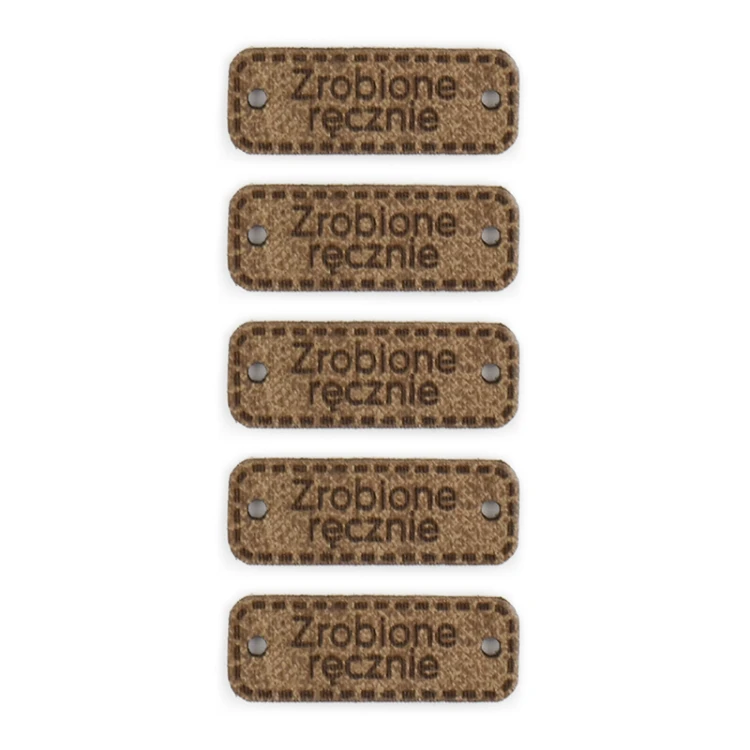 Zestaw metek skóra naturalna premium "Zrobione ręcznie" / chłodny brąz / 30 x 11 mm / 5 szt.