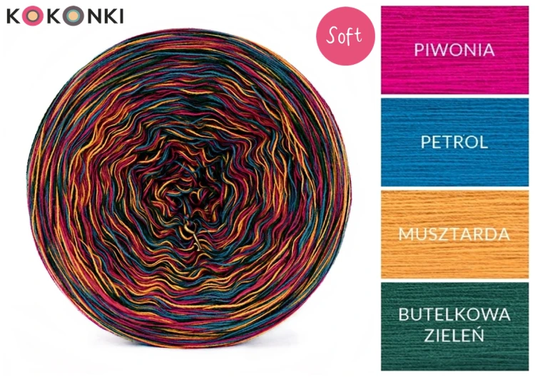 KOKONEK Melanż Soft 236 - Piwonia/petrol/musztarda/butelkowa zieleń, 4 nitki, 375 m, 100 g