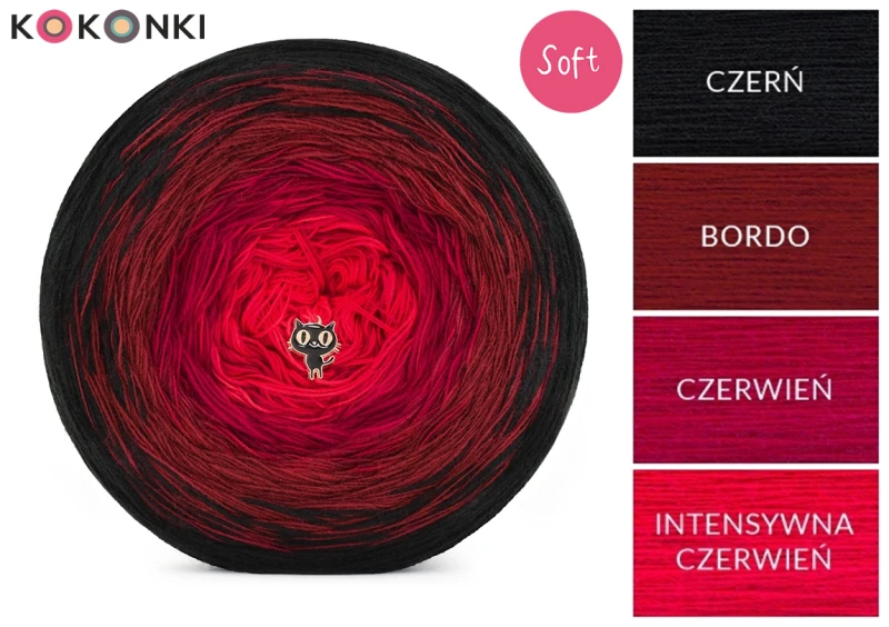 KOKONEK_Soft 165 Lady in Red - Czerń/bordo/czerwień/intensywna czerwień, 3 nitki, 1200 m, 240 g - GOTOWY